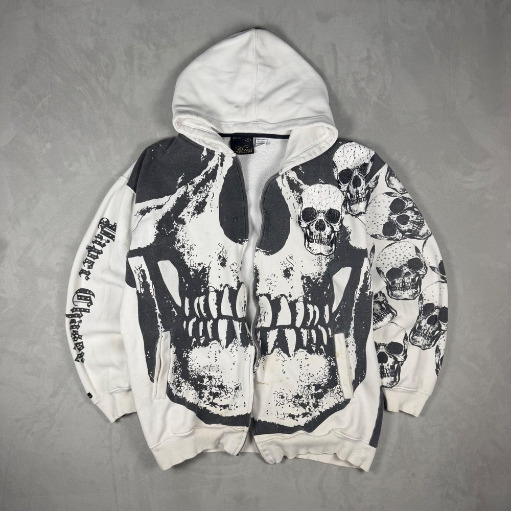 Y2K Mens Akcess Skull Graphic Rhinestone Zip Up Hoodie Streetwear XL